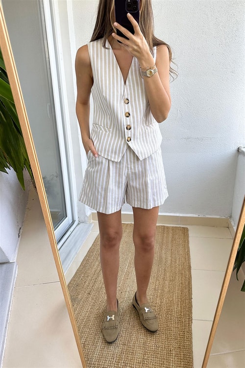 Luiza Çizgili Takım-Bej