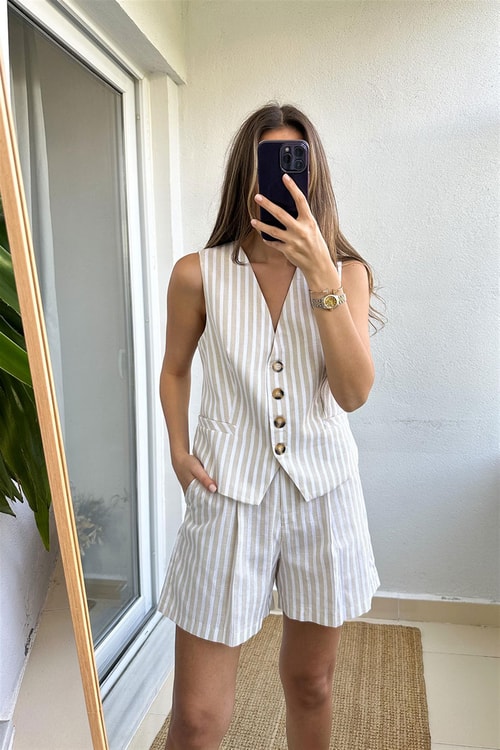 Luiza Çizgili Takım-Bej