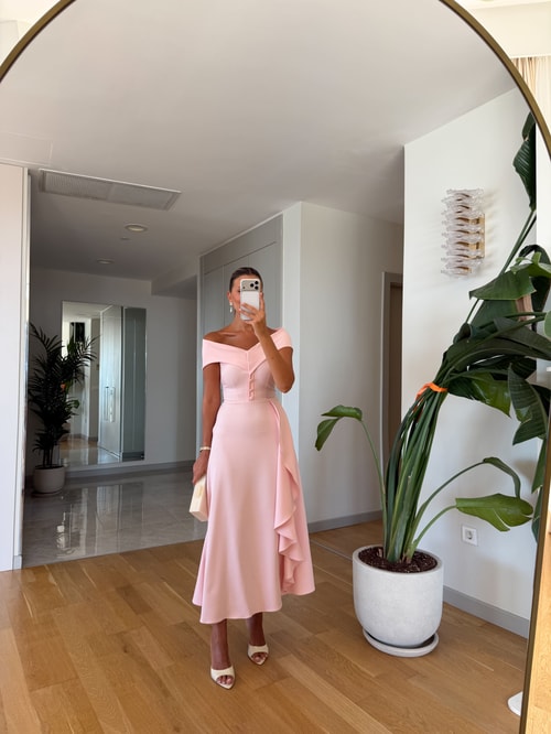 Madonna Yaka Midi Elbise - Pastel Pembe