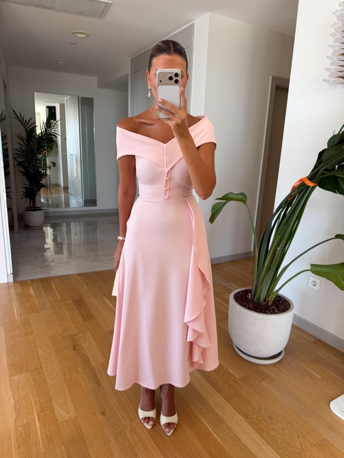 Madonna Yaka Midi Elbise - Pastel Pembe