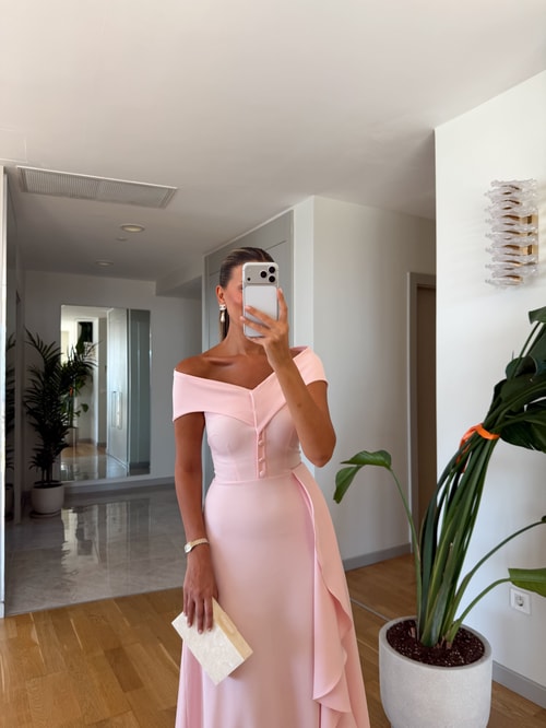 Madonna Yaka Midi Elbise - Pastel Pembe