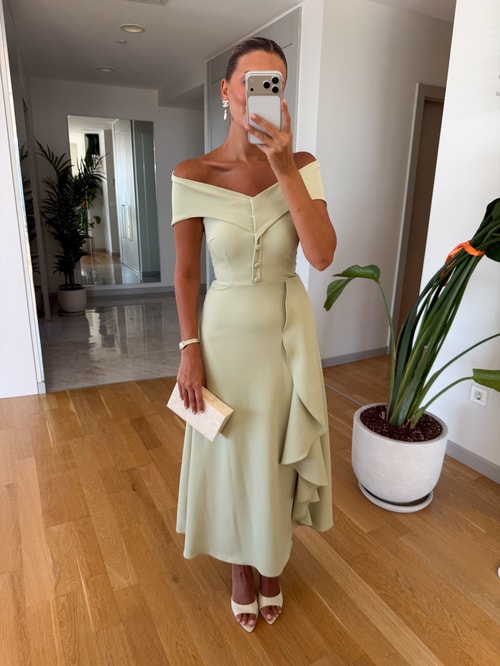 Madonna Yaka Midi Elbise - Pastel Yeşil 