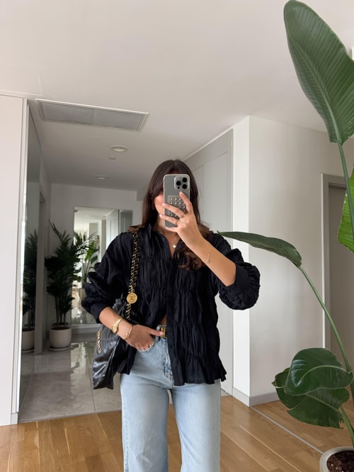 Massi Buruşuk Kumaş Gömlek -Siyah