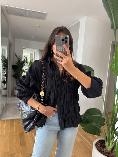 Massi Buruşuk Kumaş Gömlek -Siyah