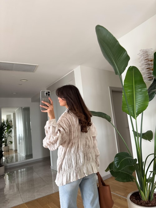 Massi Buruşuk Kumaş Gömlek -Taş