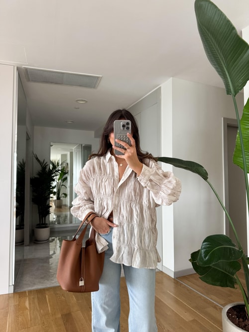 Massi Buruşuk Kumaş Gömlek -Taş