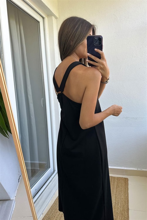 Massimo Sırt Detaylı Siyah Dokuma Elbise