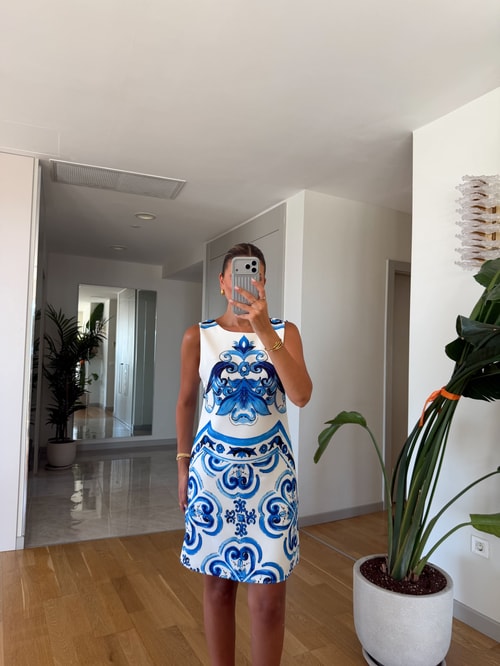 Mavi Desenli  Mini Elbise 