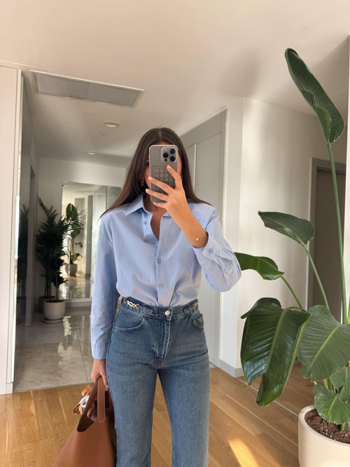 Mavi Vatkalı Poplin Gömlek