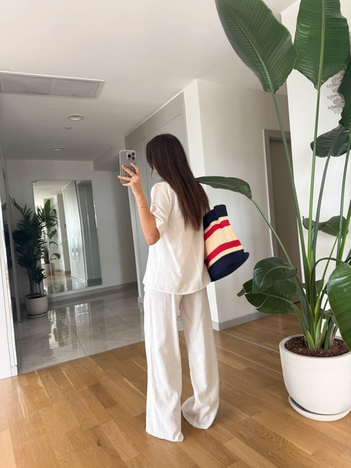 Max Bağlamalı Bluz Pantolon Keten Dokulu Takım - Ekru