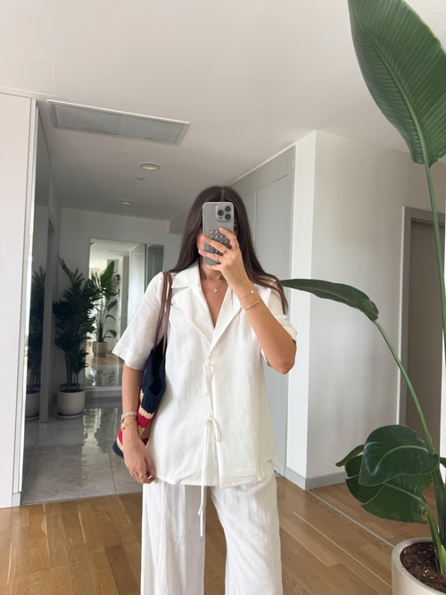 Max Bağlamalı Bluz Pantolon Keten Dokulu Takım - Ekru