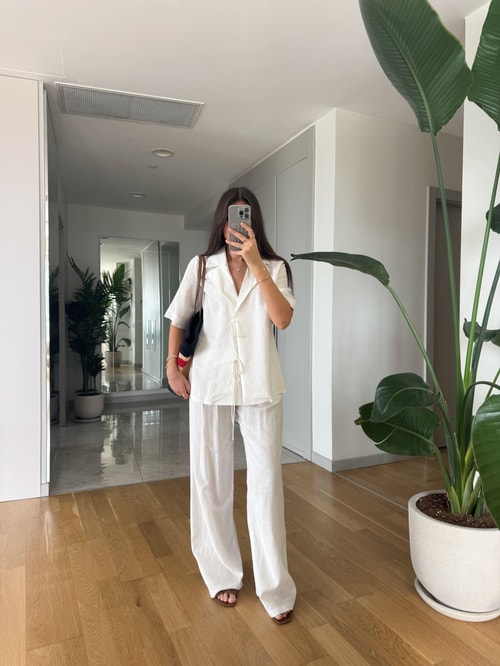 Max Bağlamalı Bluz Pantolon Keten Dokulu Takım - Ekru