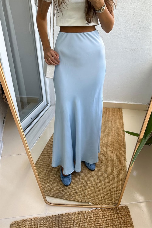 Maxi Beli lastikli Saten Etek-Mavi
