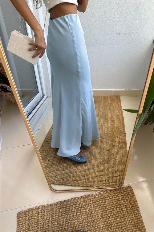 Maxi Beli lastikli Saten Etek-Mavi
