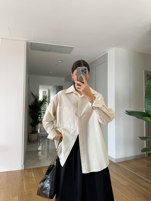 Megan Tek Cepli Oversize Gömlek-Ekru