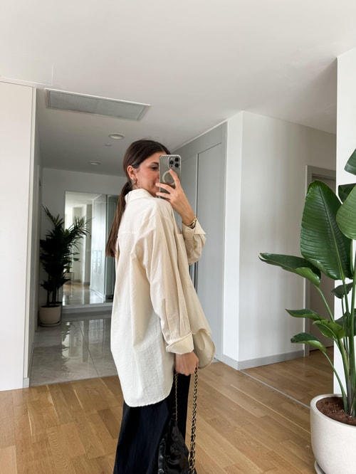 Megan Tek Cepli Oversize Gömlek-Ekru