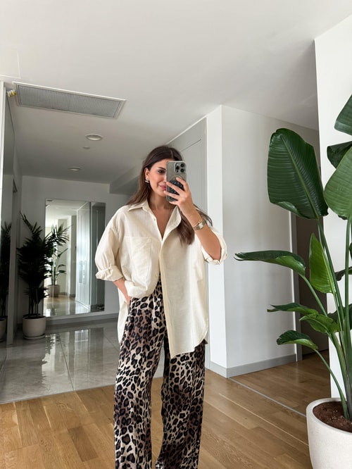 Megan Tek Cepli Oversize Gömlek-Ekru