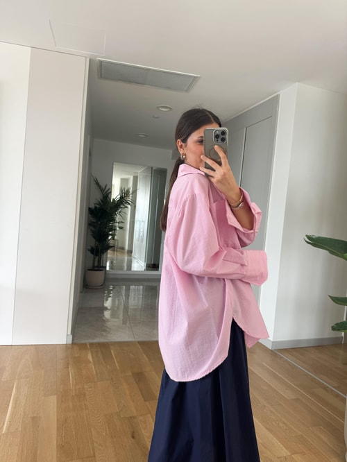 Megan Tek Cepli Oversize Gömlek-Pembe