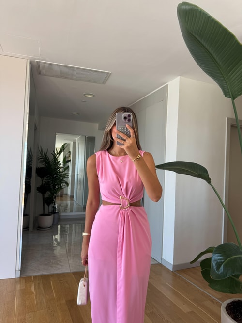 Mila Beli Tokalı ve Dekolteli Elbise - Pembe