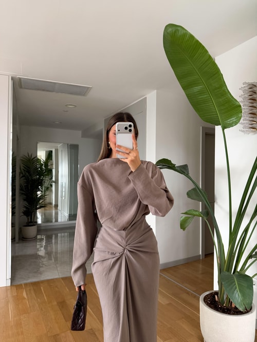 Mina Drapeli Tensel Etek Bluz Takım - Taş