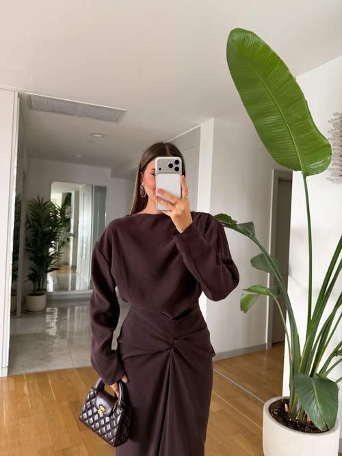 Mina Drapeli Tensel Etek Bluz Takım - Vizon