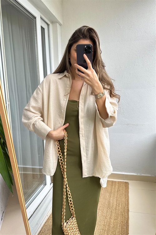 Mina Keten Karışımlı Salaş Gömlek-Taş