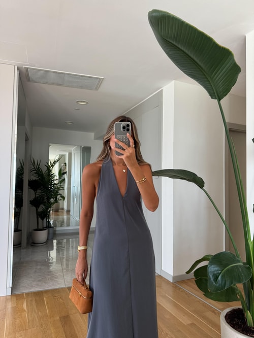 Misino Halter Yaka Elbise - Gri