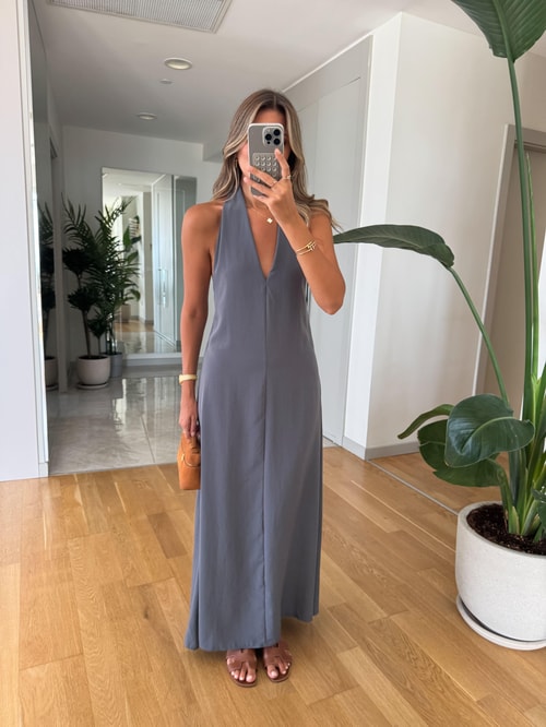 Misino Halter Yaka Elbise - Gri