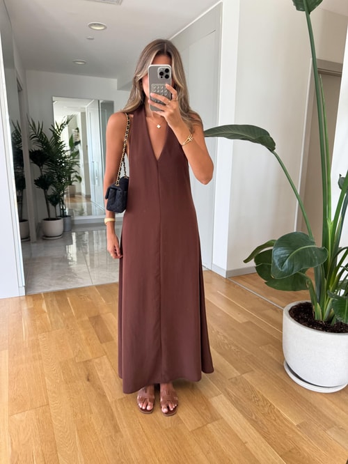 Misino Halter Yaka Elbise - Kahve