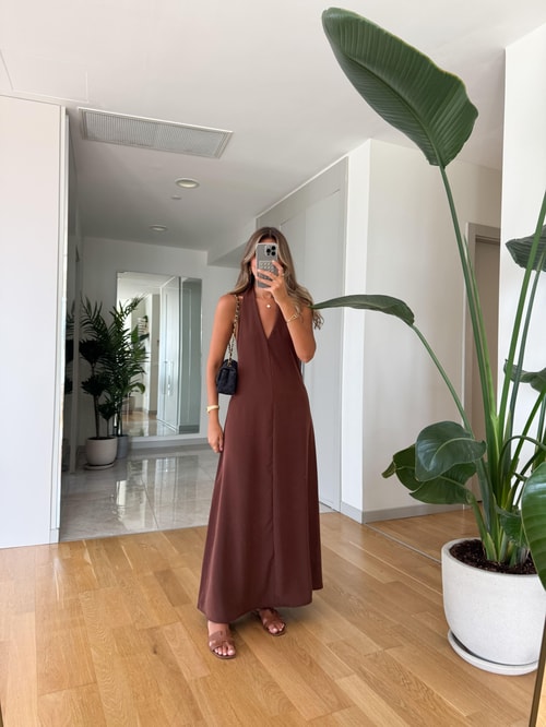 Misino Halter Yaka Elbise - Kahve