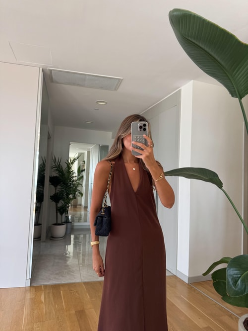 Misino Halter Yaka Elbise - Kahve