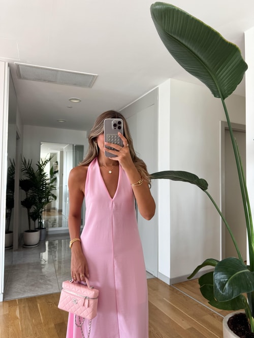 Misino Halter Yaka Elbise - Pembe