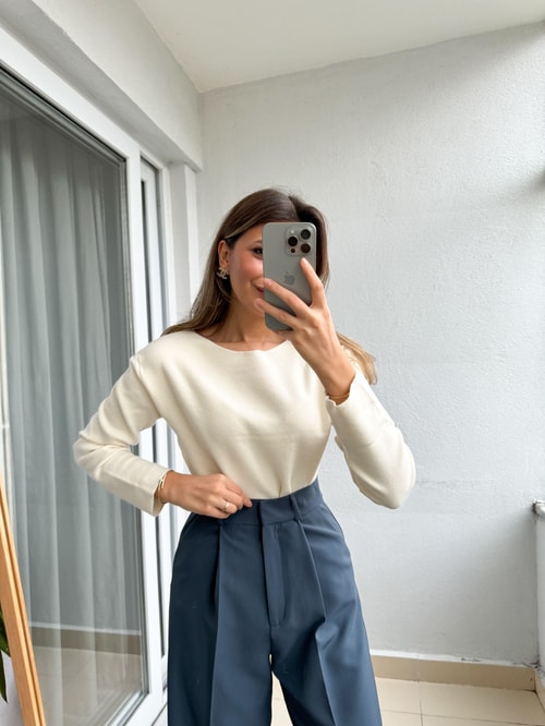 Mng Kayık Yaka Basic Triko-Ekru