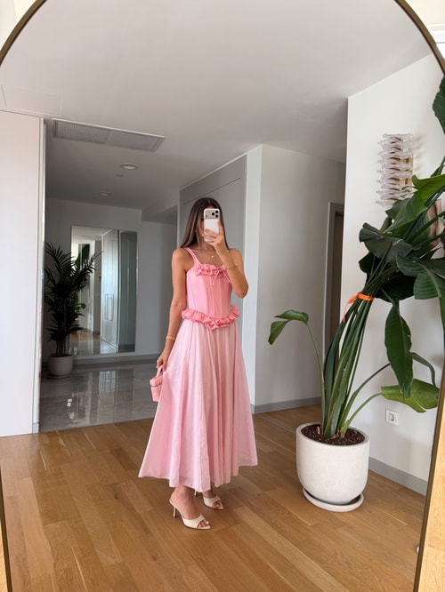 Moca Tensel Midi Etek - Pembe