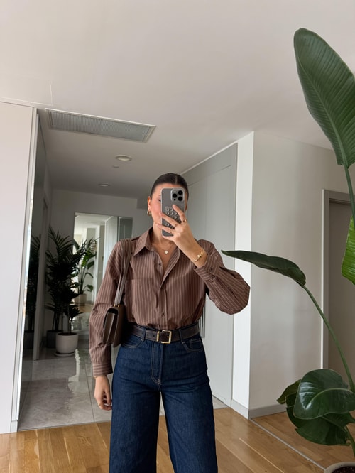 Mocha Bej Çizgili Poplin Gömlek