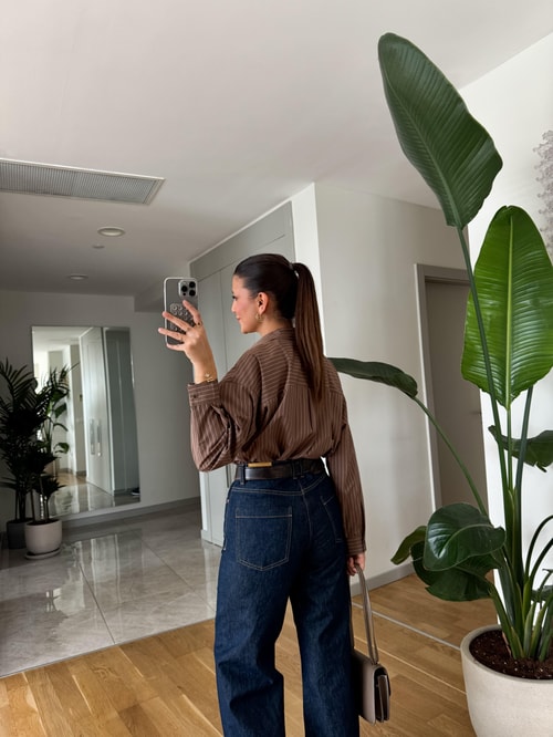 Mocha Bej Çizgili Poplin Gömlek