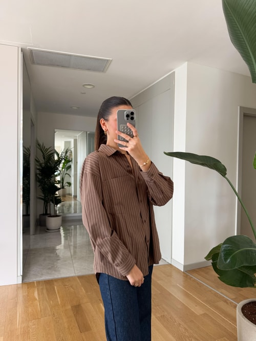 Mocha Bej Çizgili Poplin Gömlek