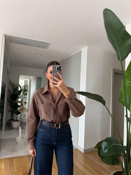 Mocha Bej Çizgili Poplin Gömlek