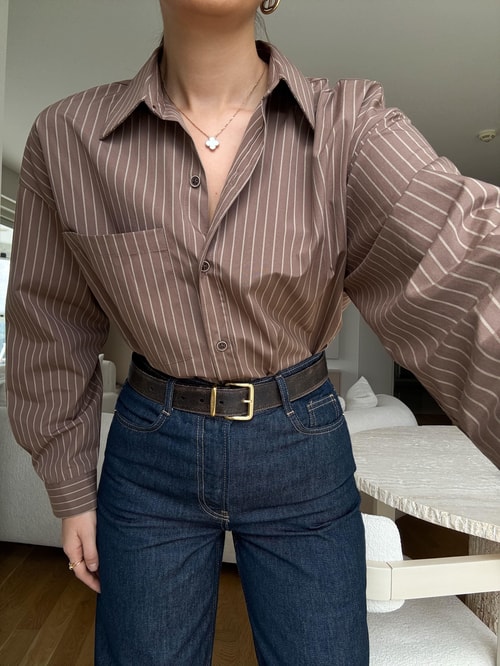 Mocha Bej Çizgili Poplin Gömlek