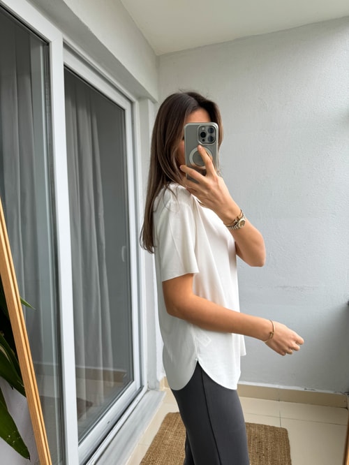 Modal Yırtmaçlı Basic Tişört- Ekru