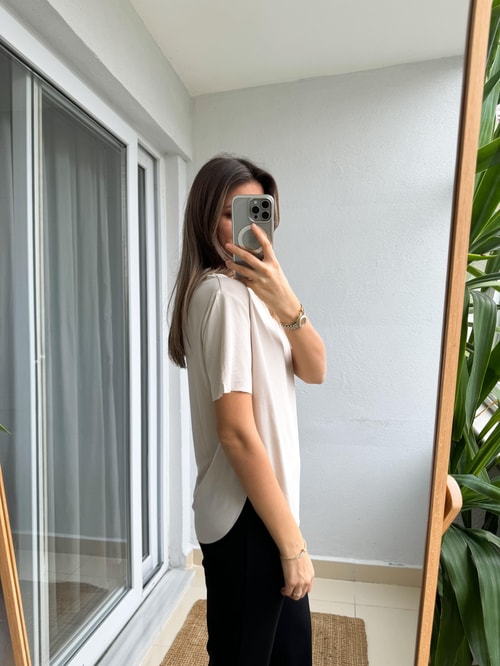 Modal Yırtmaçlı Basic Tişört- Taş