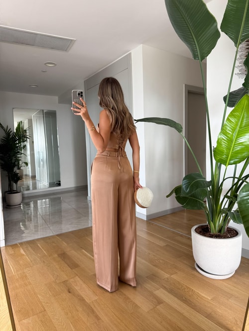 Monica Saten Bustiyer Pantolon Takım - Camel