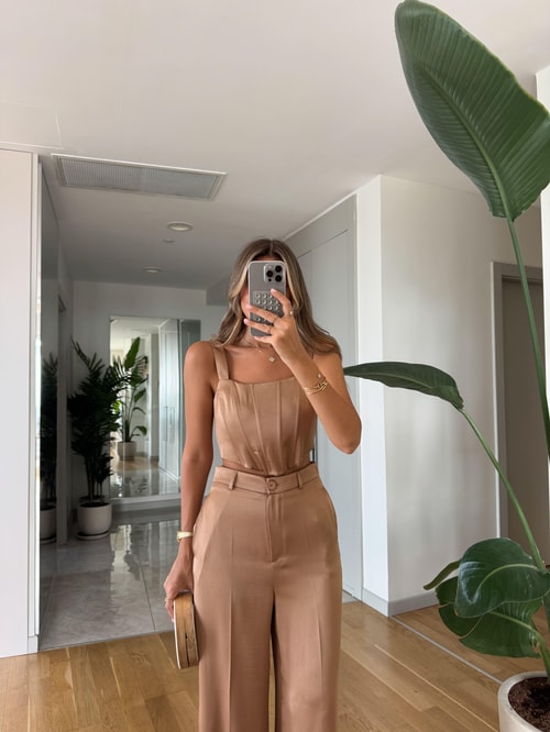 Monica Saten Bustiyer Pantolon Takım - Camel