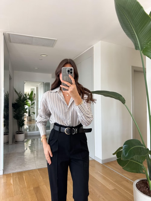 Mui Ekru Siyah Çizgili Tensel Gömlek