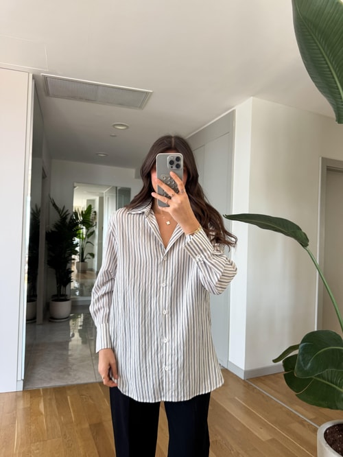 Mui Ekru Siyah Çizgili Tensel Gömlek
