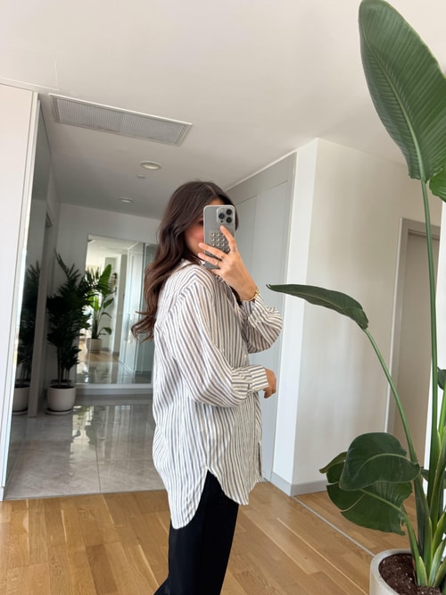 Mui Ekru Siyah Çizgili Tensel Gömlek