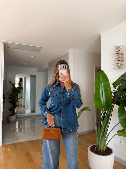Nakışlı Droplu Denim Gömlek