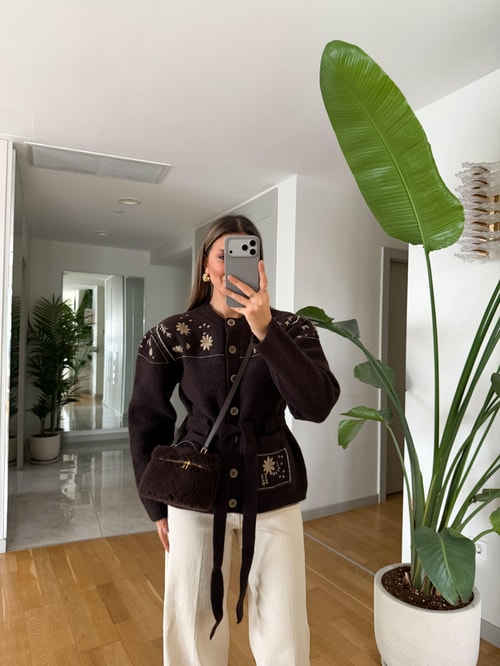 Nakışlı Kemerli Yün Ceket Hırka - Kahve