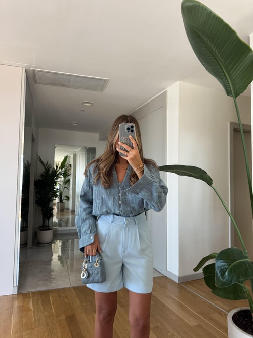 Nakışlı Müslin Gömlek Bluz - Mavi 