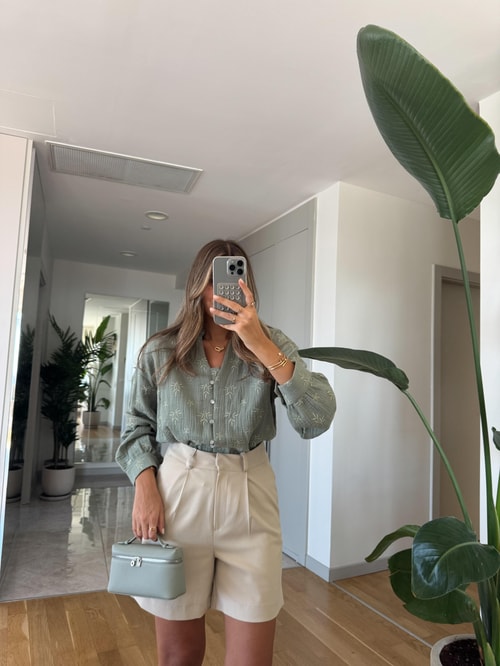 Nakışlı Müslin Gömlek Bluz - Mint